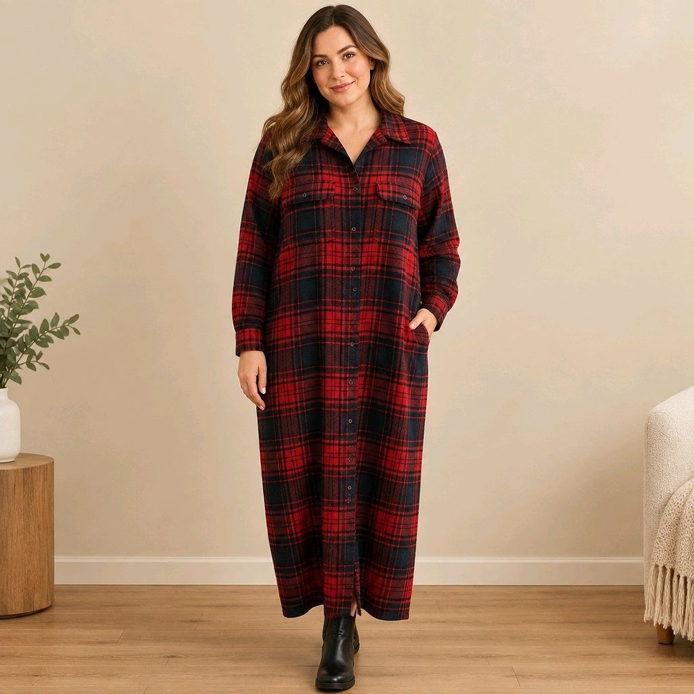 Lands' End Size 12 Red Wool Plaid Maxi Shirt Dress Vintage Elbow Patch